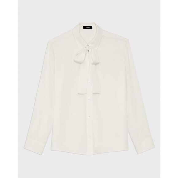 Theory Women's Ivory Silk Georgette Tie Neck Button Down Blouse Size Large NWOT - Picture 1 of 11